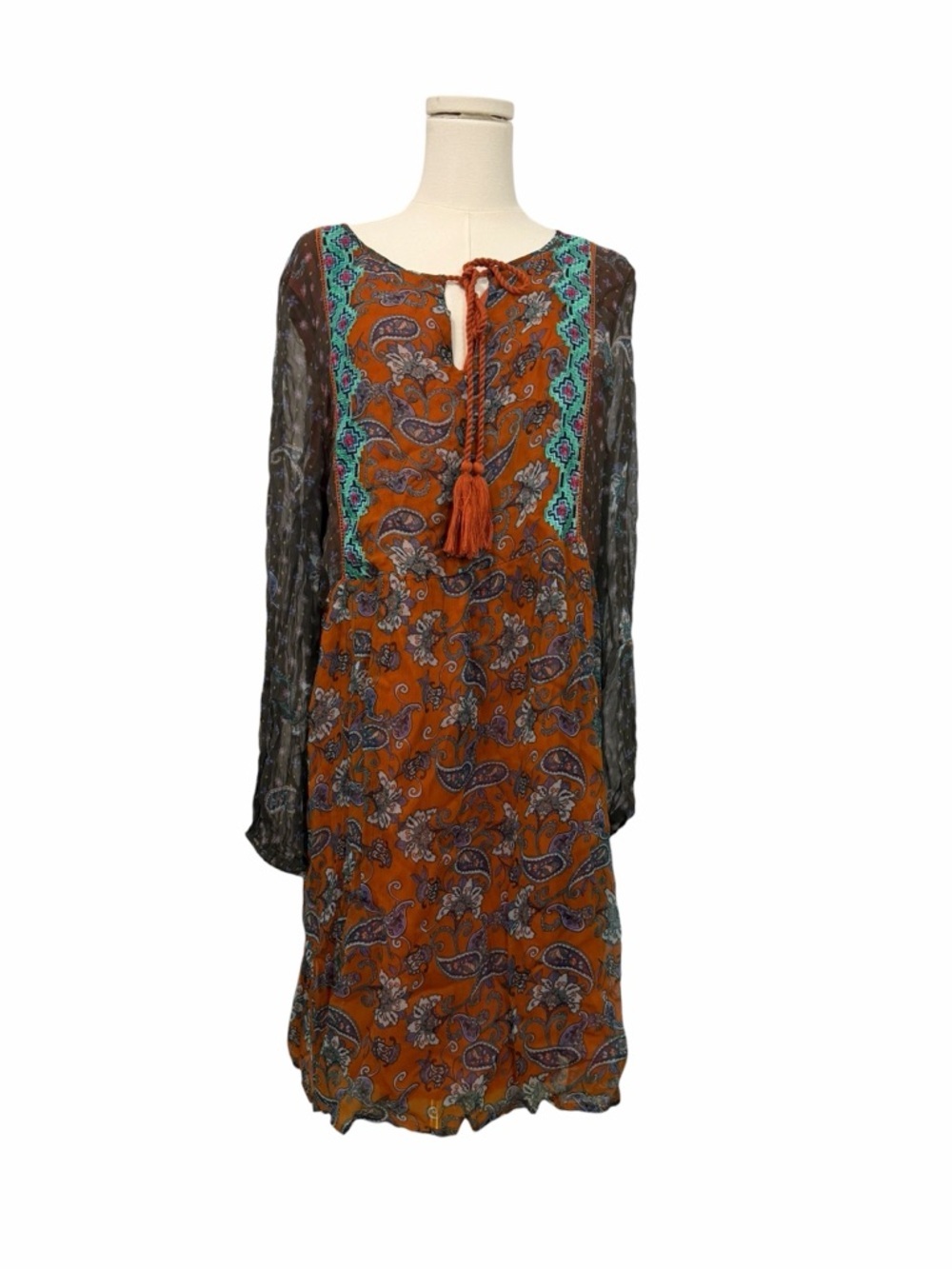 Sundance Orange Paisley Sweet Whispers Dress Size Large Boho Hippie Embroidered